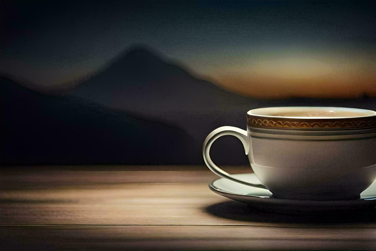 un' tazza di caffè su un' tavolo con montagne nel il sfondo. ai-generato foto