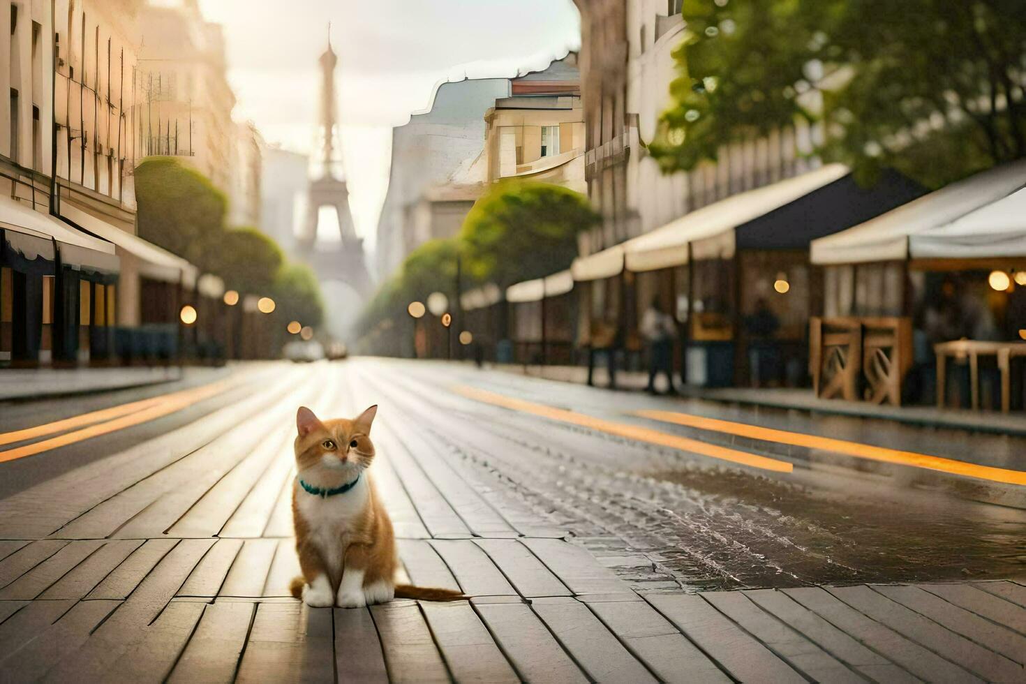 un' gatto seduta su il terra nel davanti di il eiffel Torre. ai-generato foto