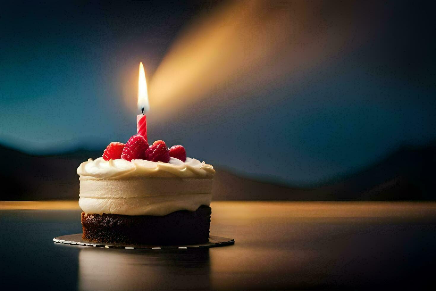 un' piccolo torta con un' singolo candela su superiore. ai-generato foto