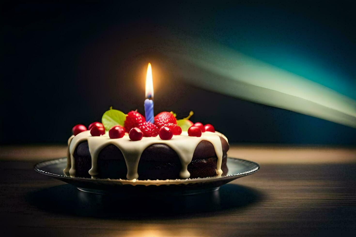 un' cioccolato torta con un' singolo candela su superiore. ai-generato foto