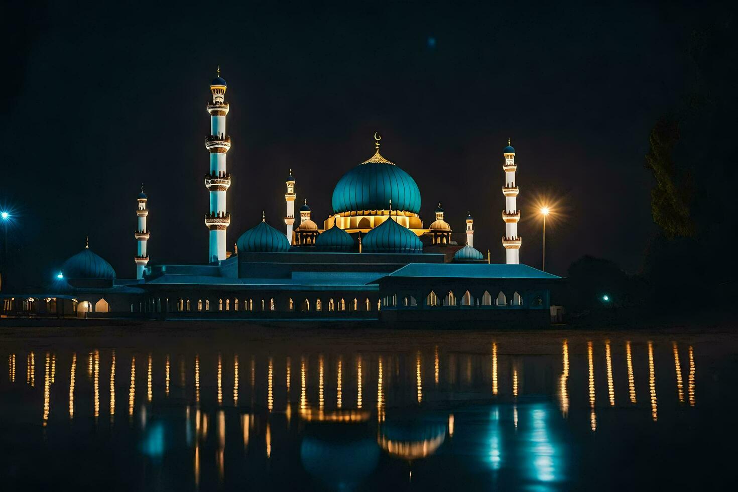 il moschea a notte, riflessione, riflessione, riflessione, notte, notte HD sfondo. ai-generato foto