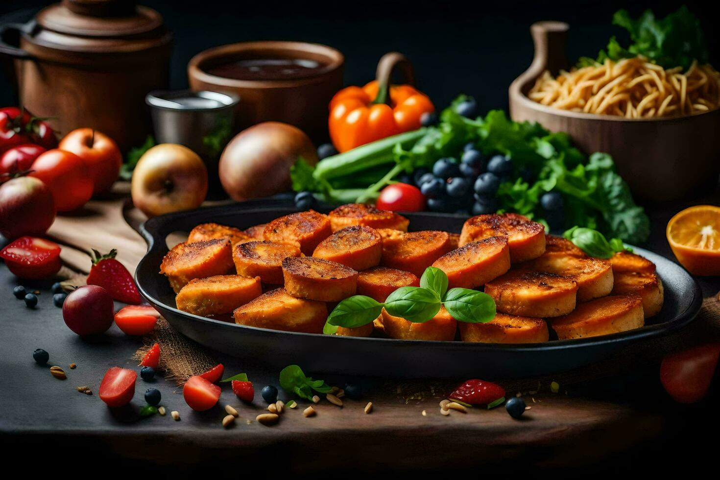 un' padella con fritte patate, verdure e frutta. ai-generato foto