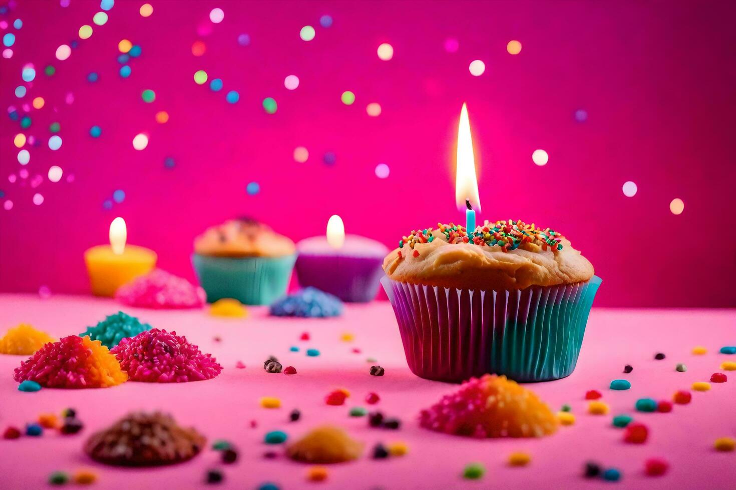 un' Cupcake con un' illuminato candela su un' rosa sfondo. ai-generato foto