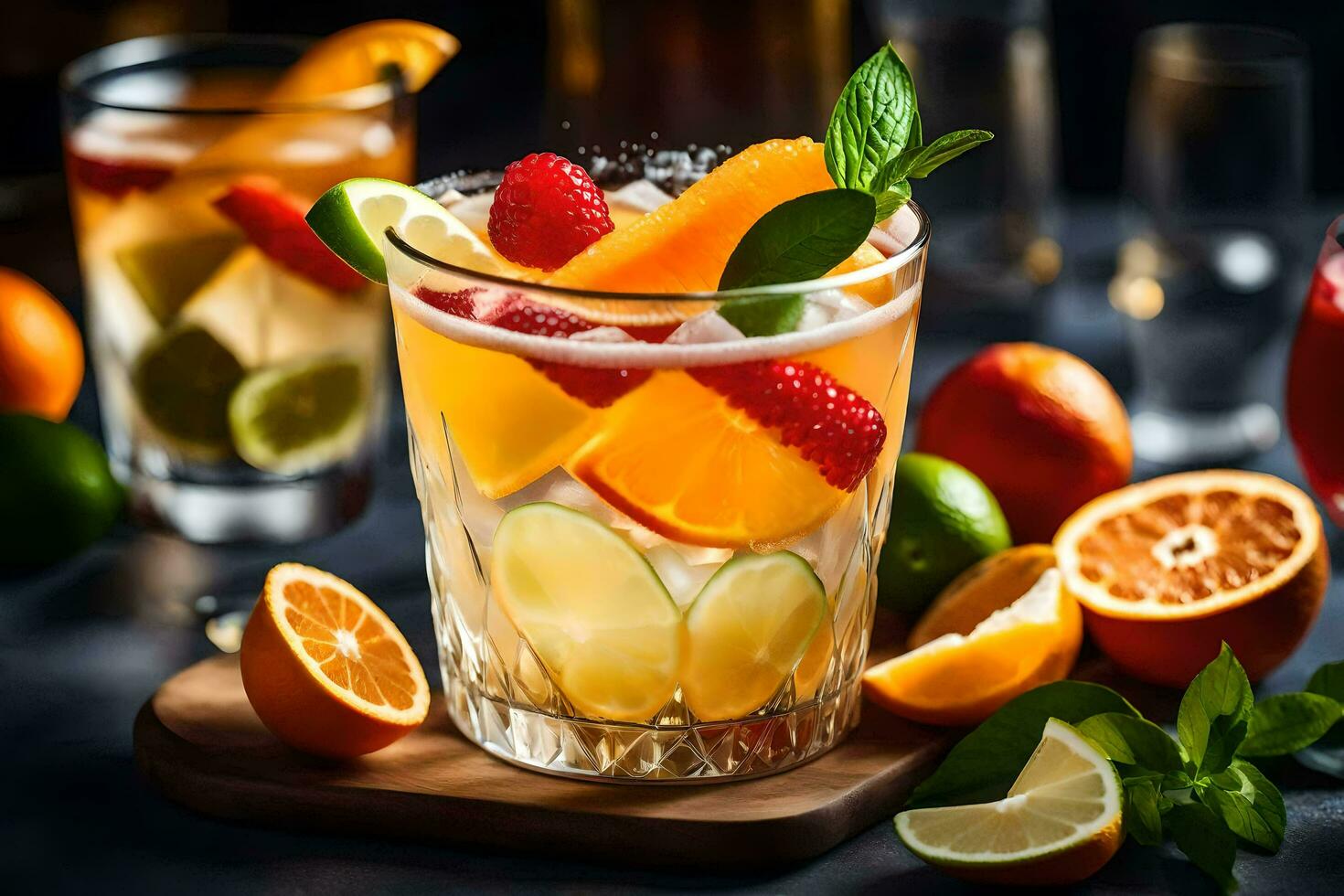 un' bicchiere di frutta cocktail con fresco frutta. ai-generato foto