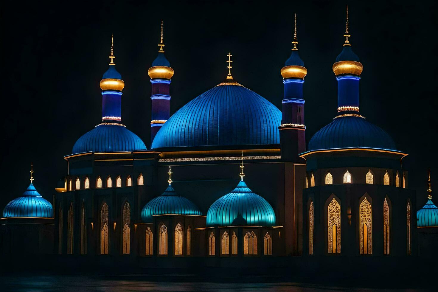 un' blu moschea illuminato su a notte con blu luci. ai-generato foto