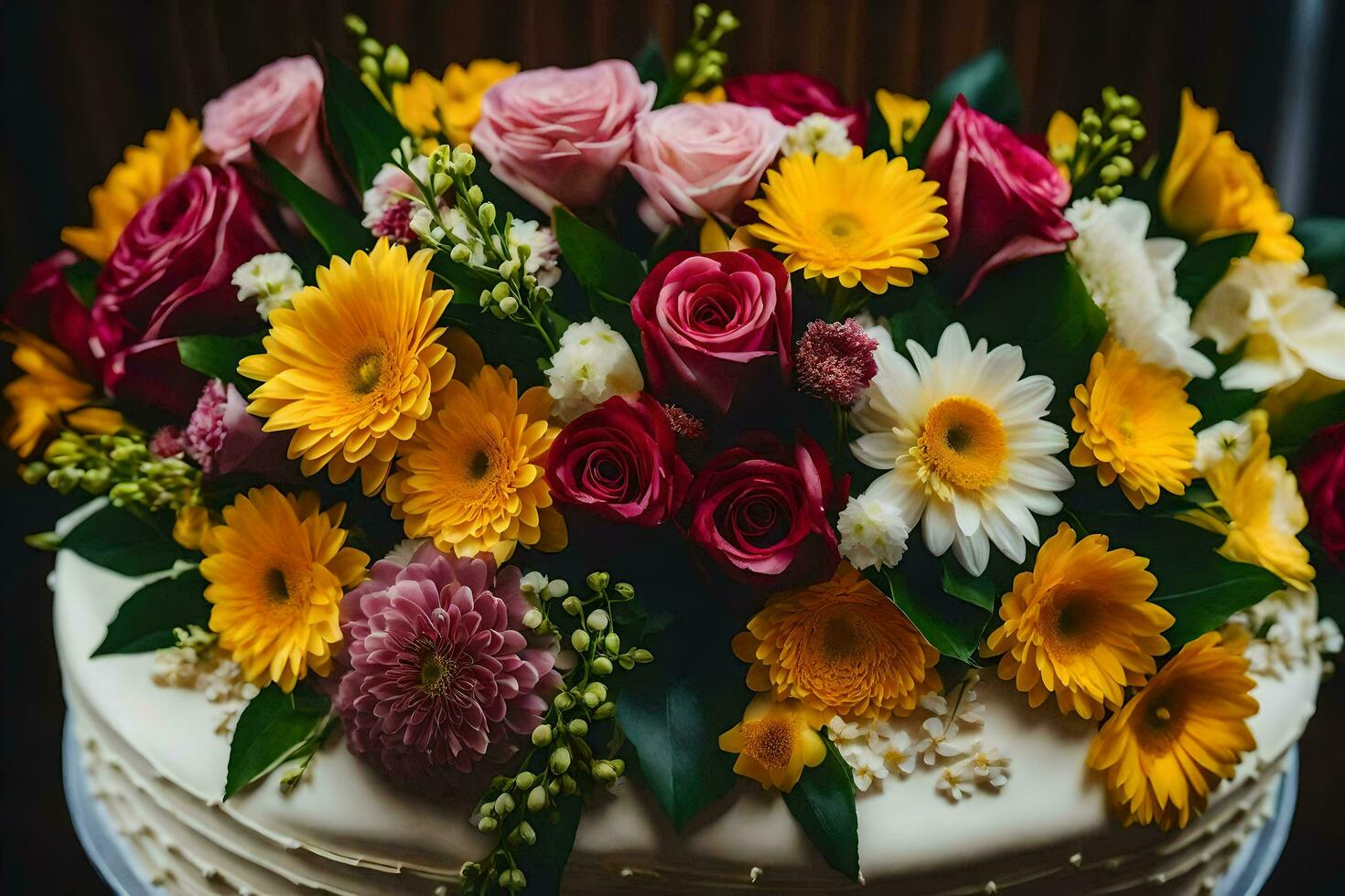 un' nozze torta con colorato fiori. ai-generato foto