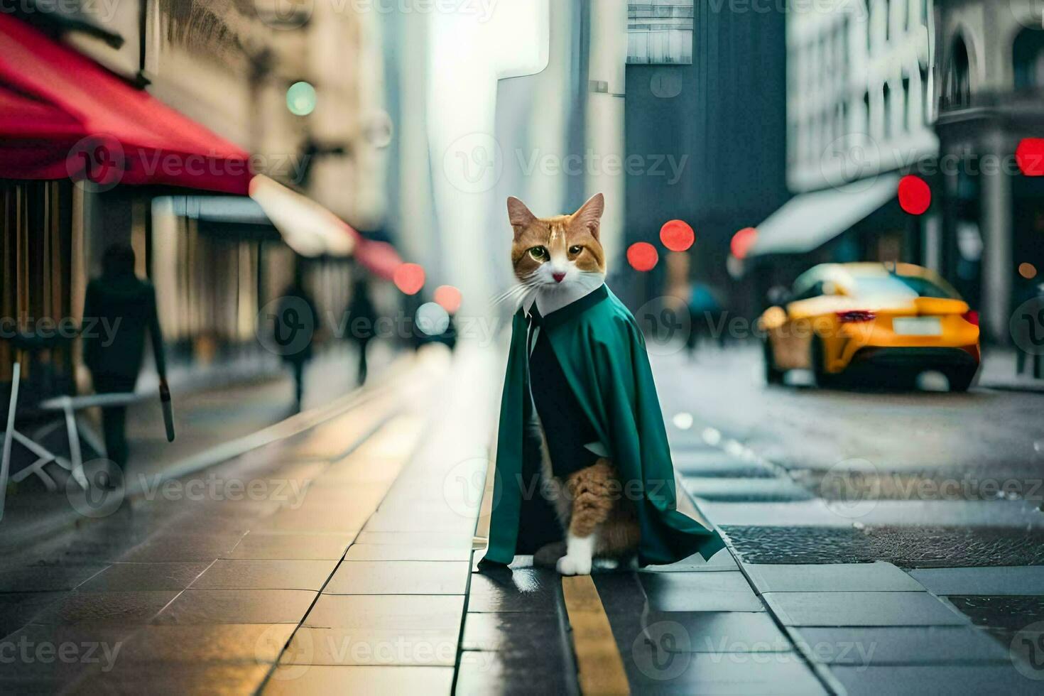 un' gatto vestito come un' supereroe in piedi su un' città strada. ai-generato foto