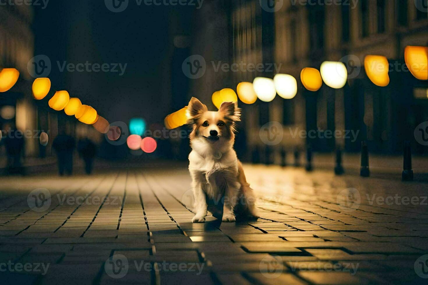 un' cane seduta su il strada a notte. ai-generato foto