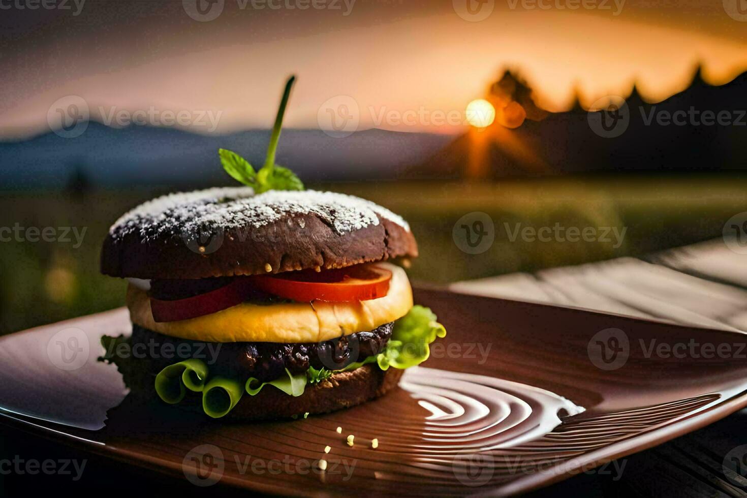un' Hamburger su un' piatto con un' tramonto nel il sfondo. ai-generato foto