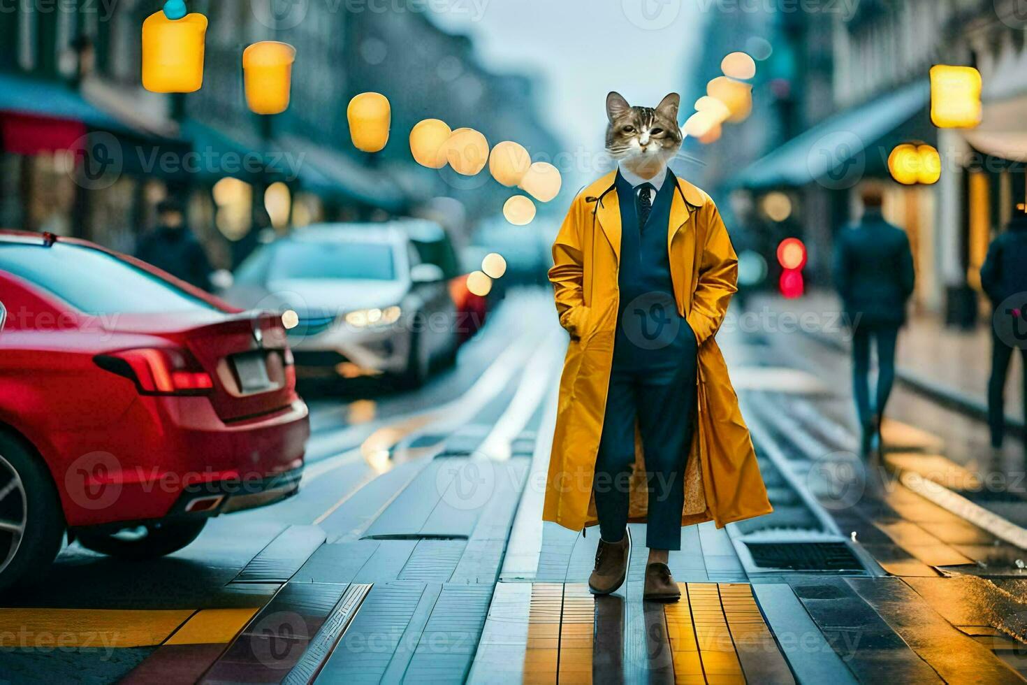 un' Volpe indossare un' giallo cappotto e un' completo da uomo su un' città strada. ai-generato foto