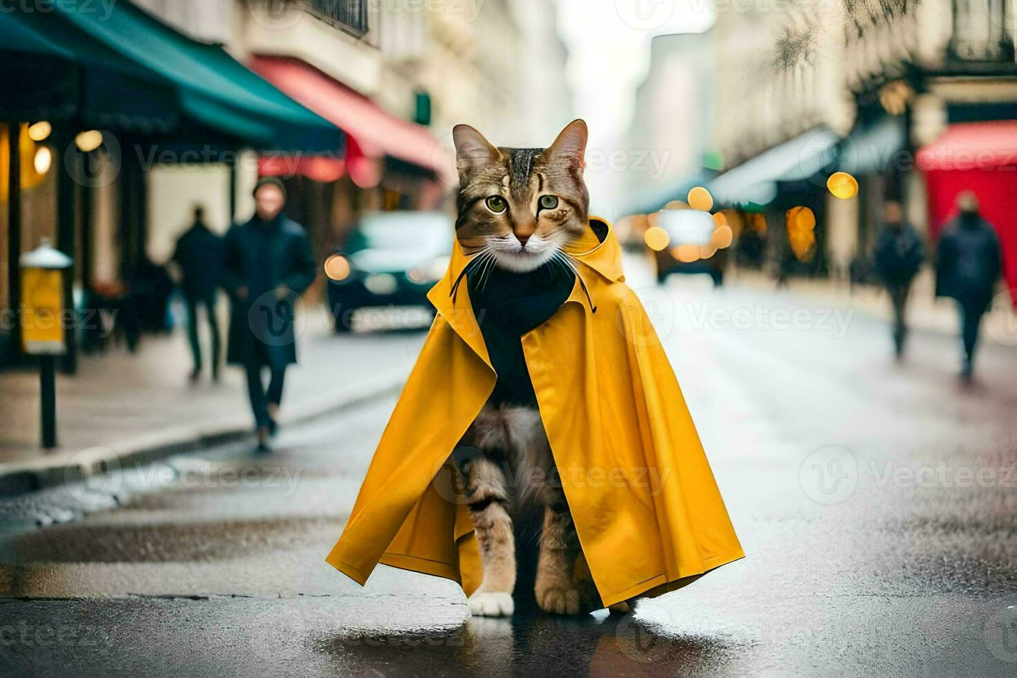un' gatto indossare un' giallo impermeabile su un' città strada. ai-generato foto