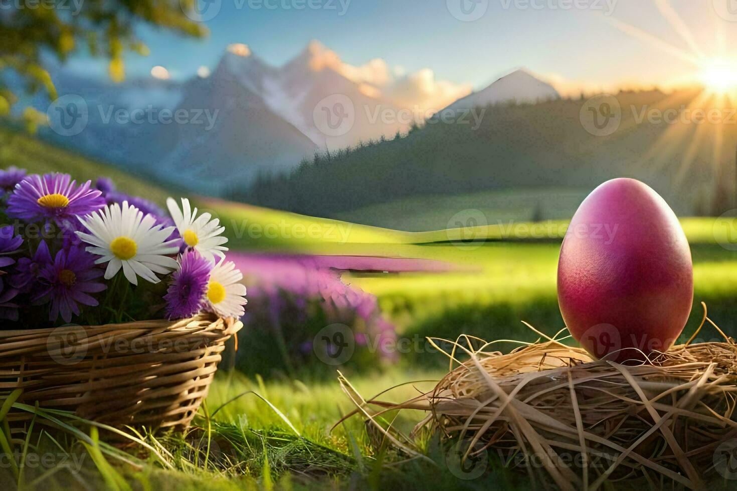 Pasqua uovo nel un' cestino con fiori e montagne. ai-generato foto