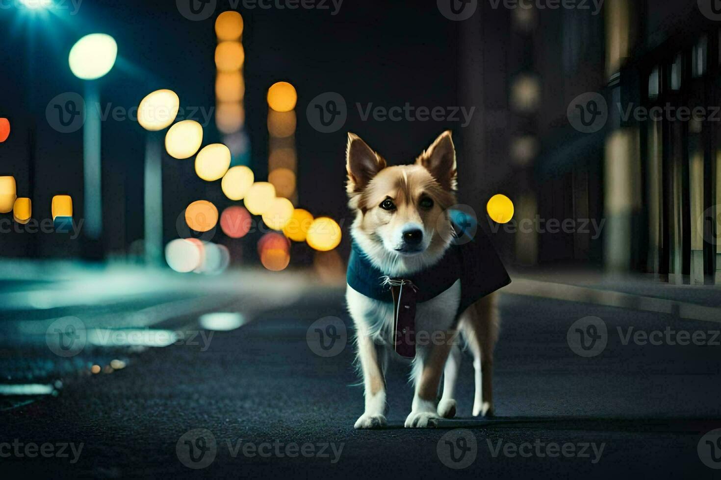 un' cane nel un' completo da uomo in piedi su un' strada a notte. ai-generato foto