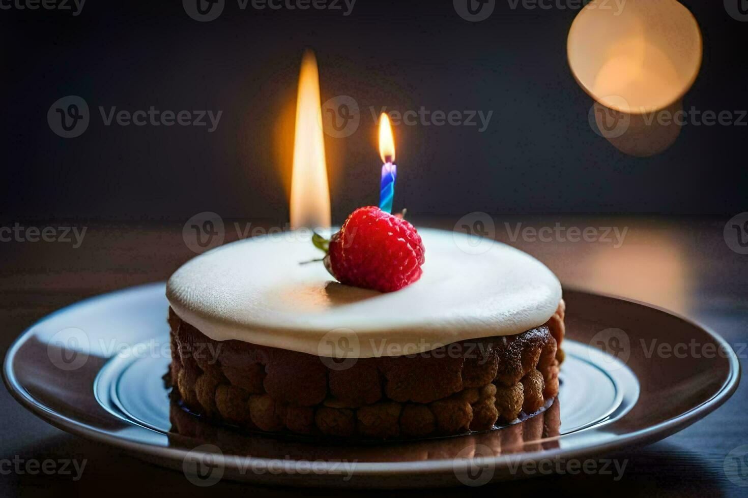 un' compleanno torta con un' singolo candela su superiore. ai-generato foto