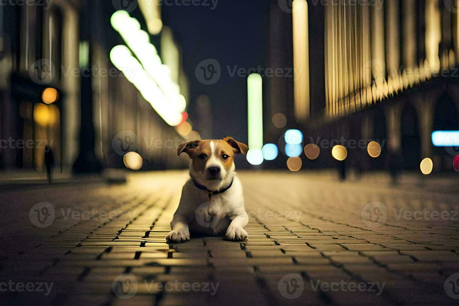 un' cane seduta su il strada a notte. ai-generato foto