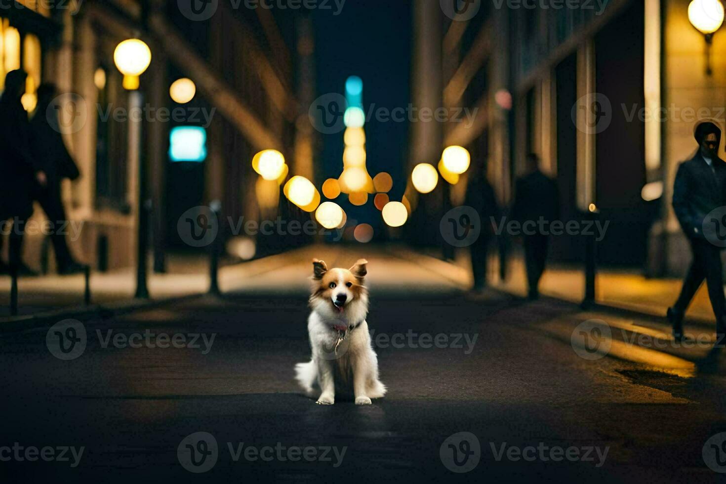 un' cane in piedi nel il mezzo di un' città strada a notte. ai-generato foto
