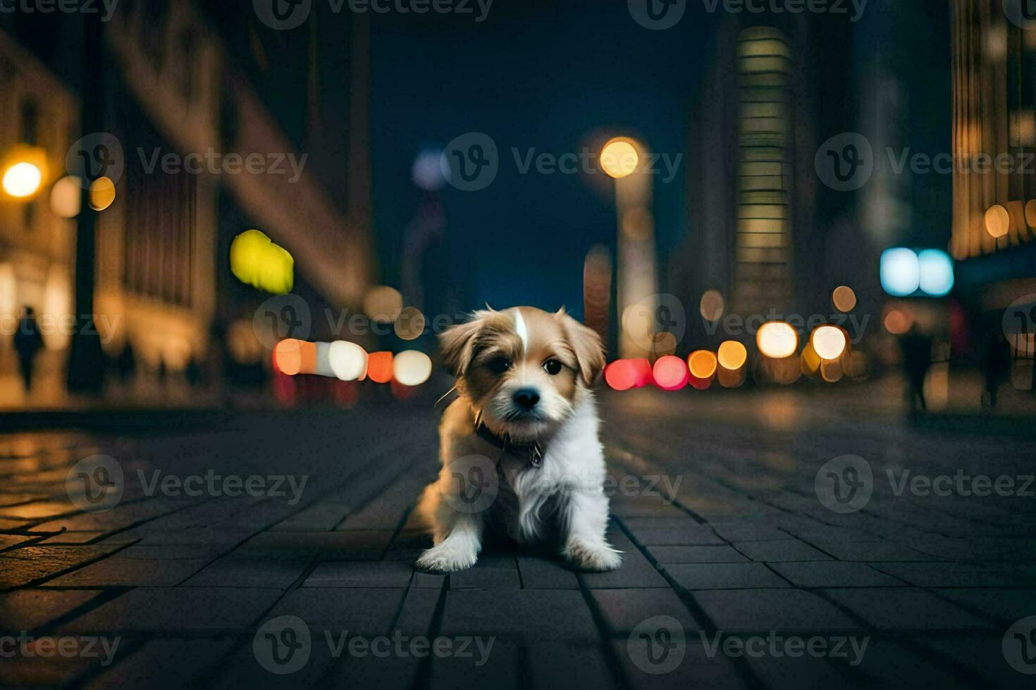 un' cucciolo seduta su il strada a notte. ai-generato foto