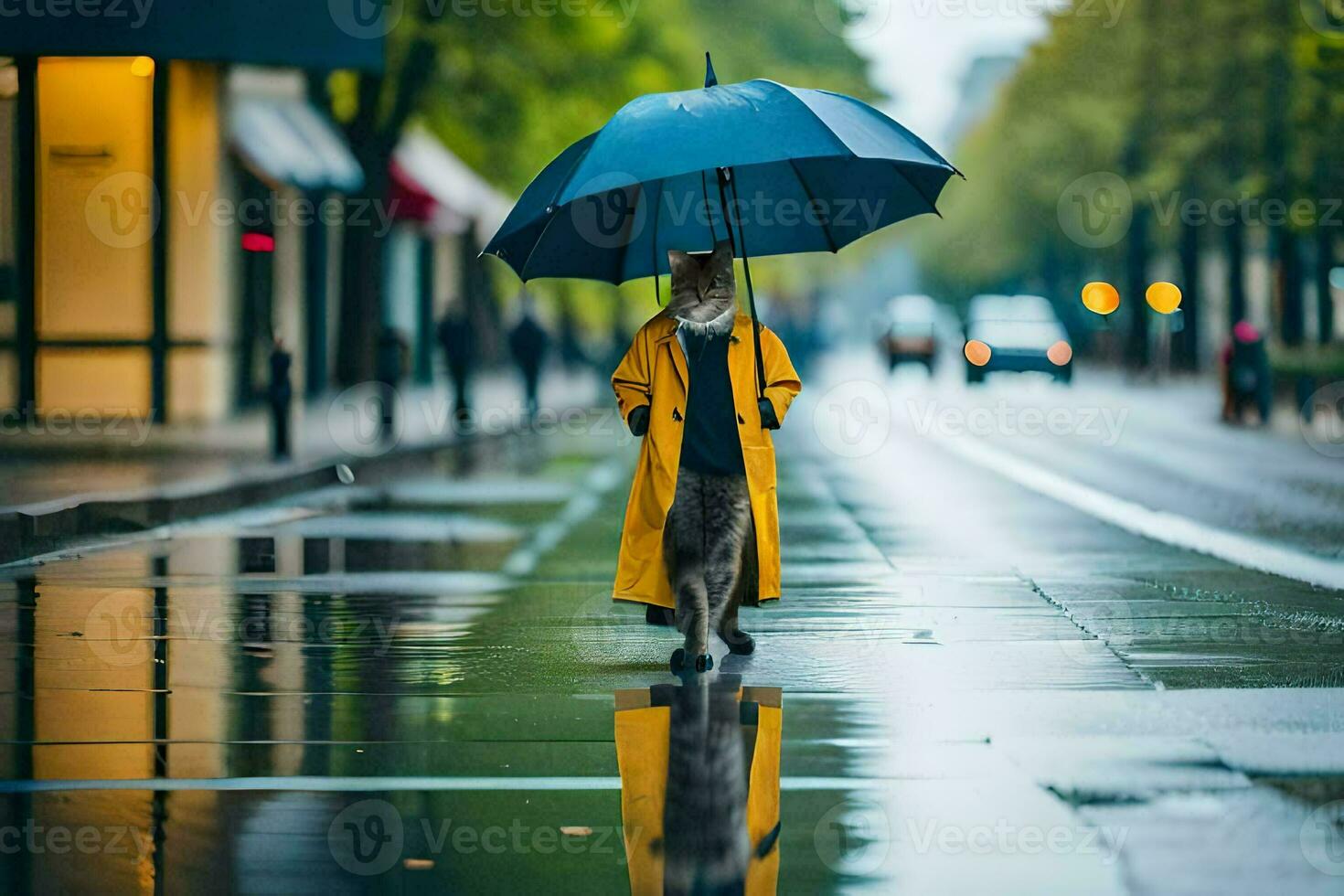 un' donna nel un' giallo impermeabile a piedi sua cane nel il pioggia. ai-generato foto