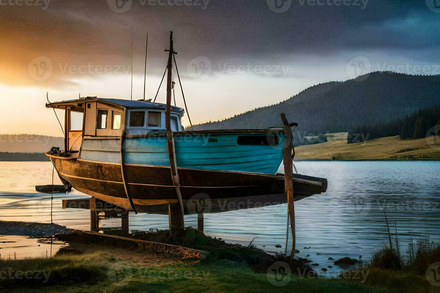 un' barca si siede su il riva a tramonto. ai-generato foto