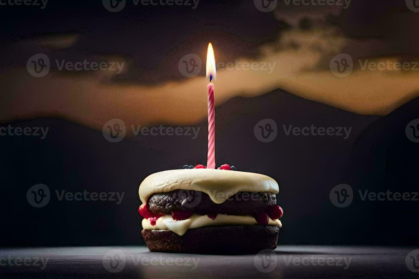 un' cioccolato torta con un' singolo candela su superiore. ai-generato foto