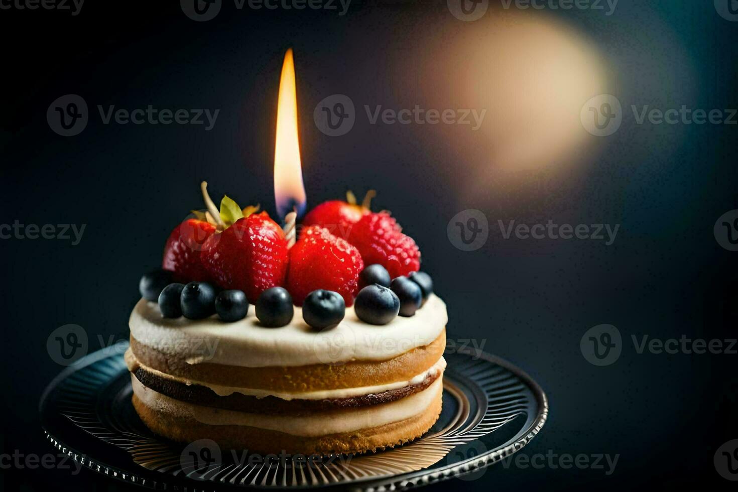 un' compleanno torta con frutti di bosco e un' candela. ai-generato foto