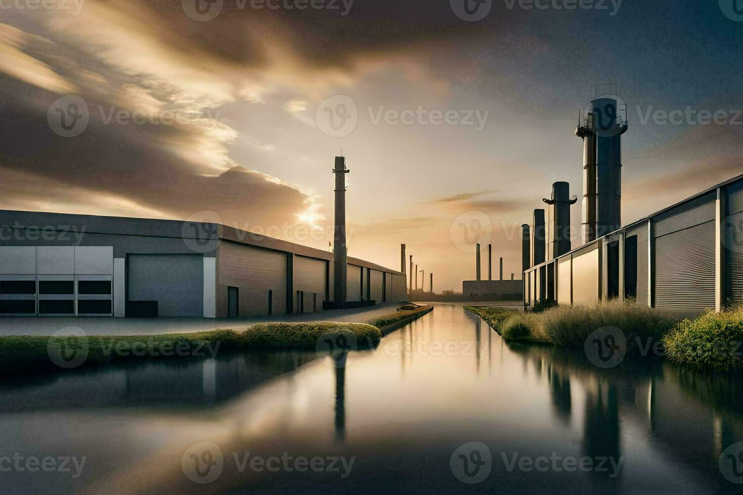 un' fabbrica con acqua e edifici a tramonto. ai-generato foto