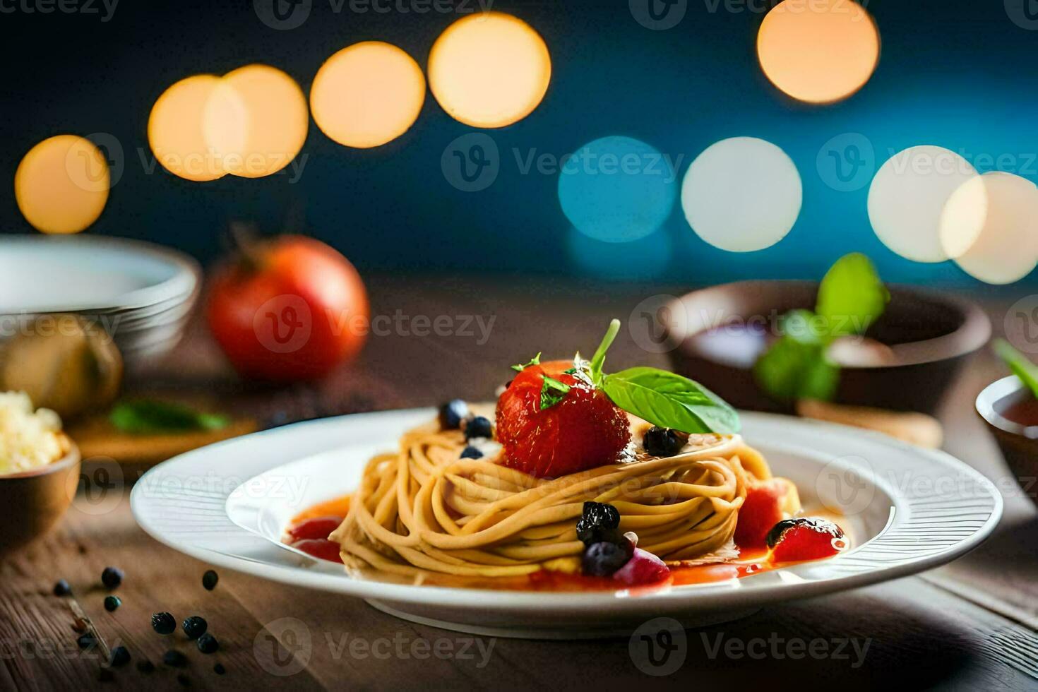 spaghetti con pomodoro salsa e frutti di bosco su un' piatto. ai-generato foto