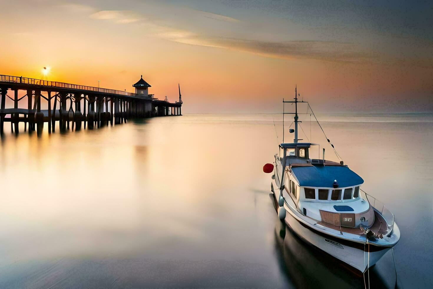 un' barca è attraccato a il molo a tramonto. ai-generato foto