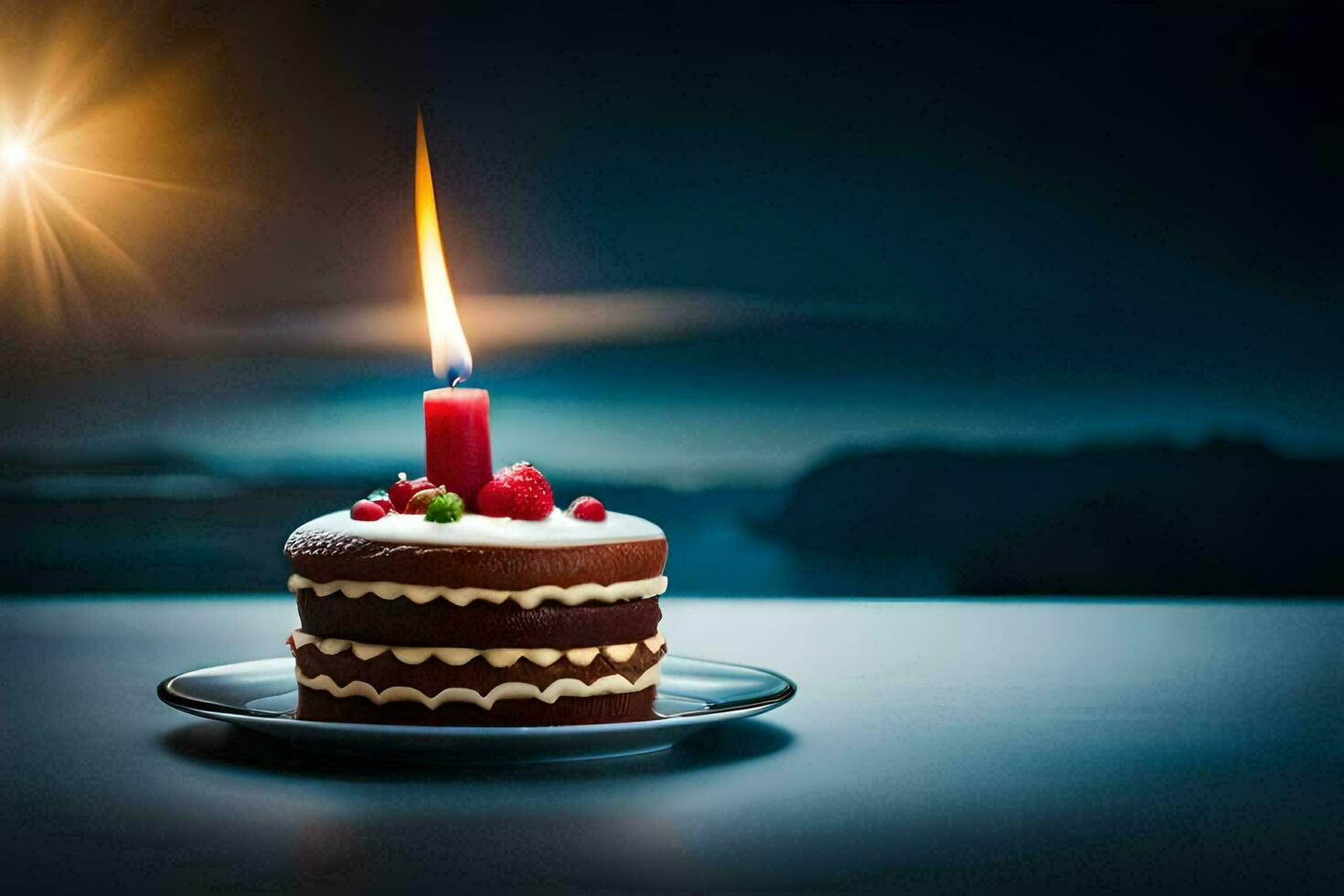 un' singolo candela su un' compleanno torta. ai-generato foto