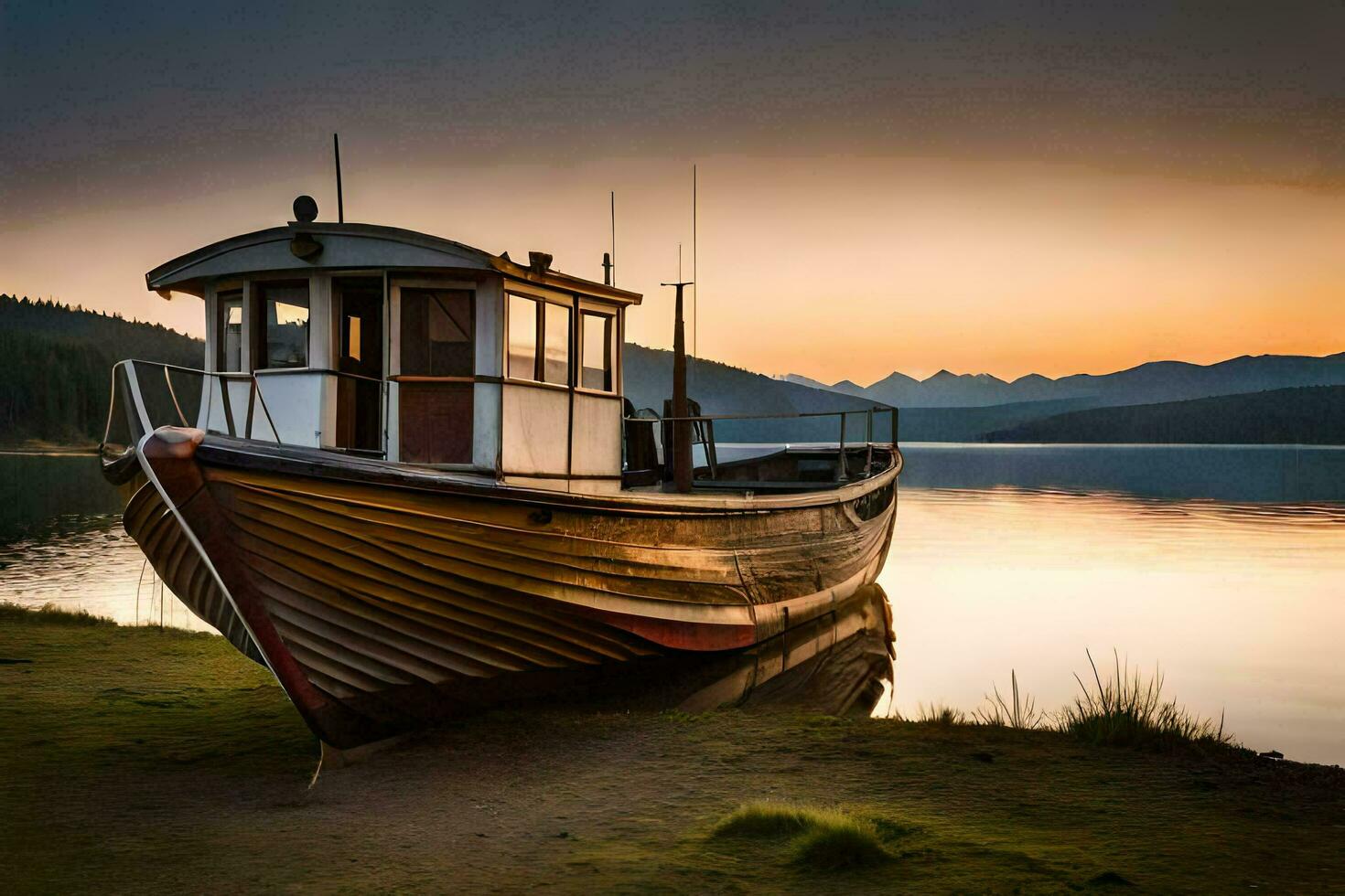 un' barca si siede su il riva a tramonto. ai-generato foto