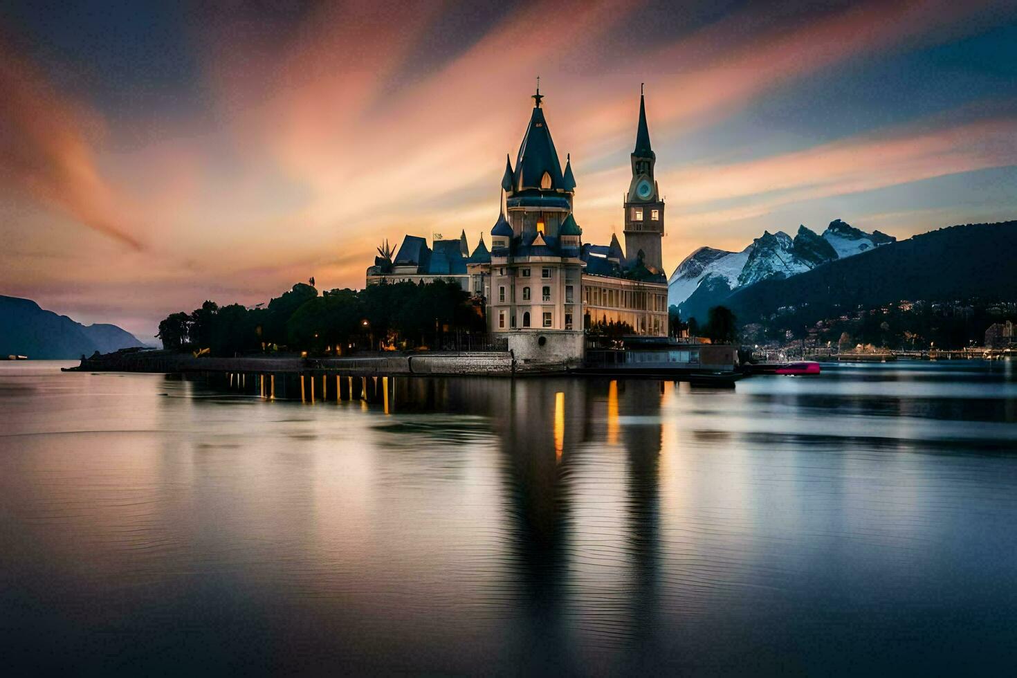 un' castello si siede su il riva di un' lago a tramonto. ai-generato foto