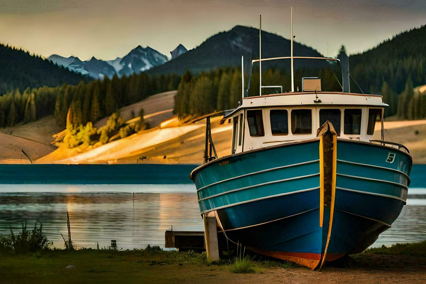un' barca si siede su il riva di un' lago. ai-generato foto