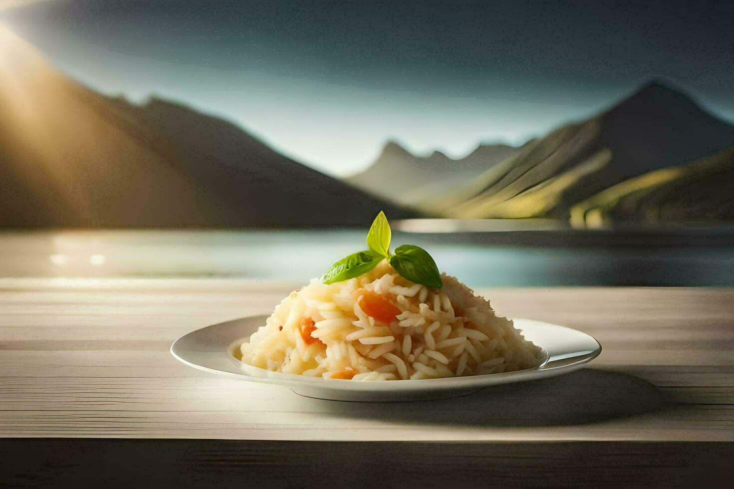 un' piatto di pasta con un' montagna Visualizza nel il sfondo. ai-generato foto