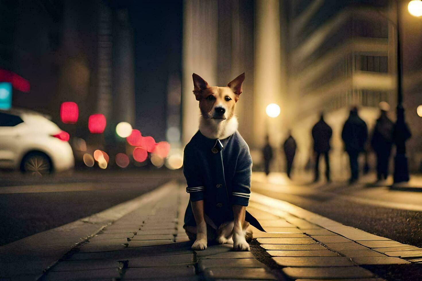 un' cane nel un' giacca seduta su il strada a notte. ai-generato foto