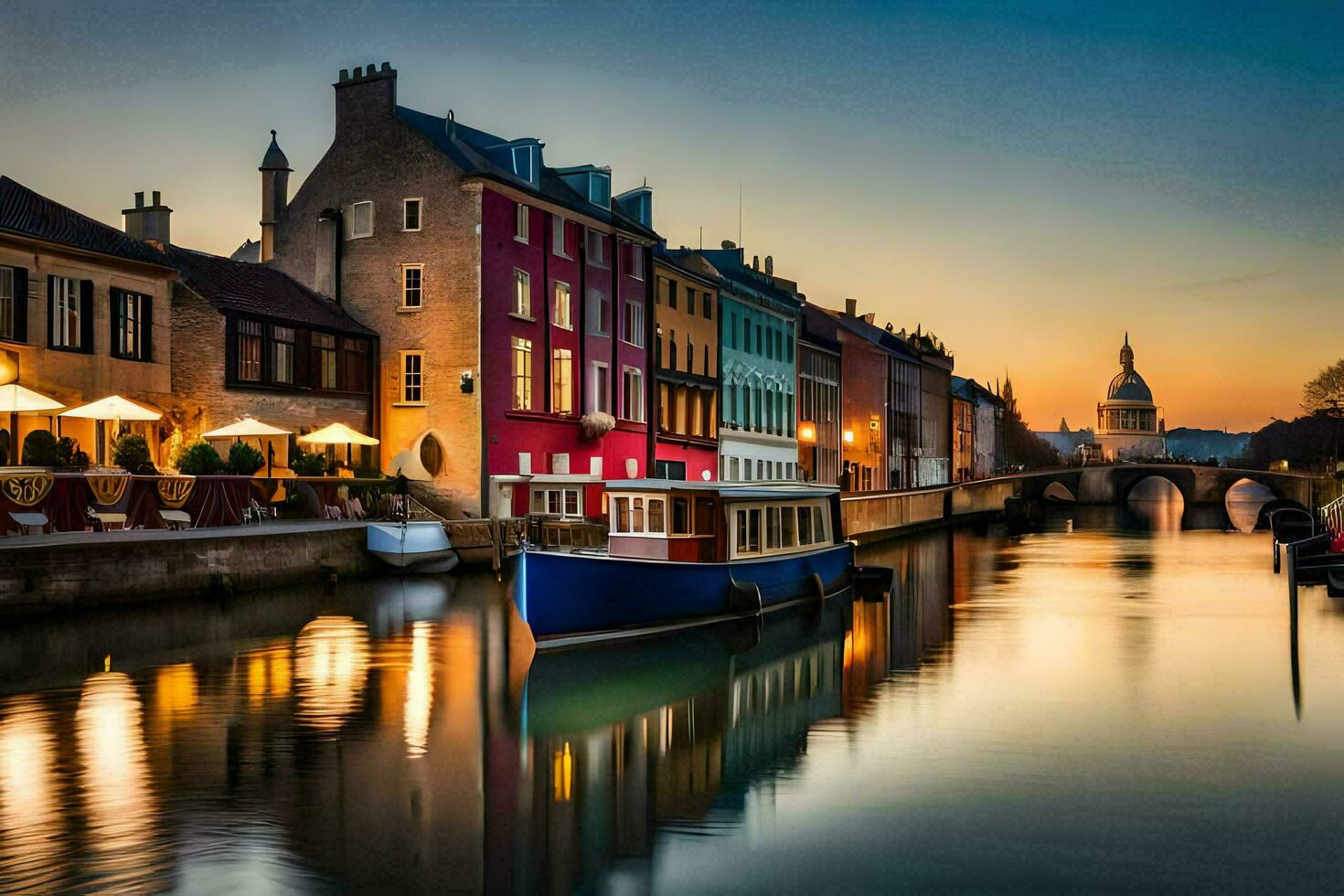 un' barca è attraccato nel un' canale a tramonto. ai-generato foto