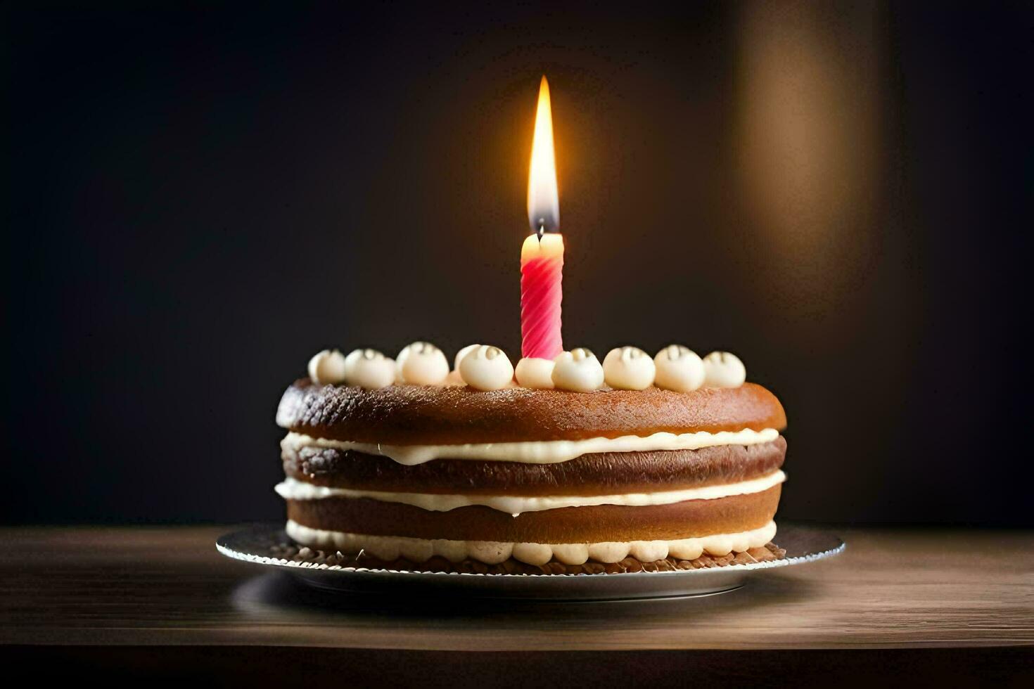 un' compleanno torta con un' singolo candela. ai-generato foto