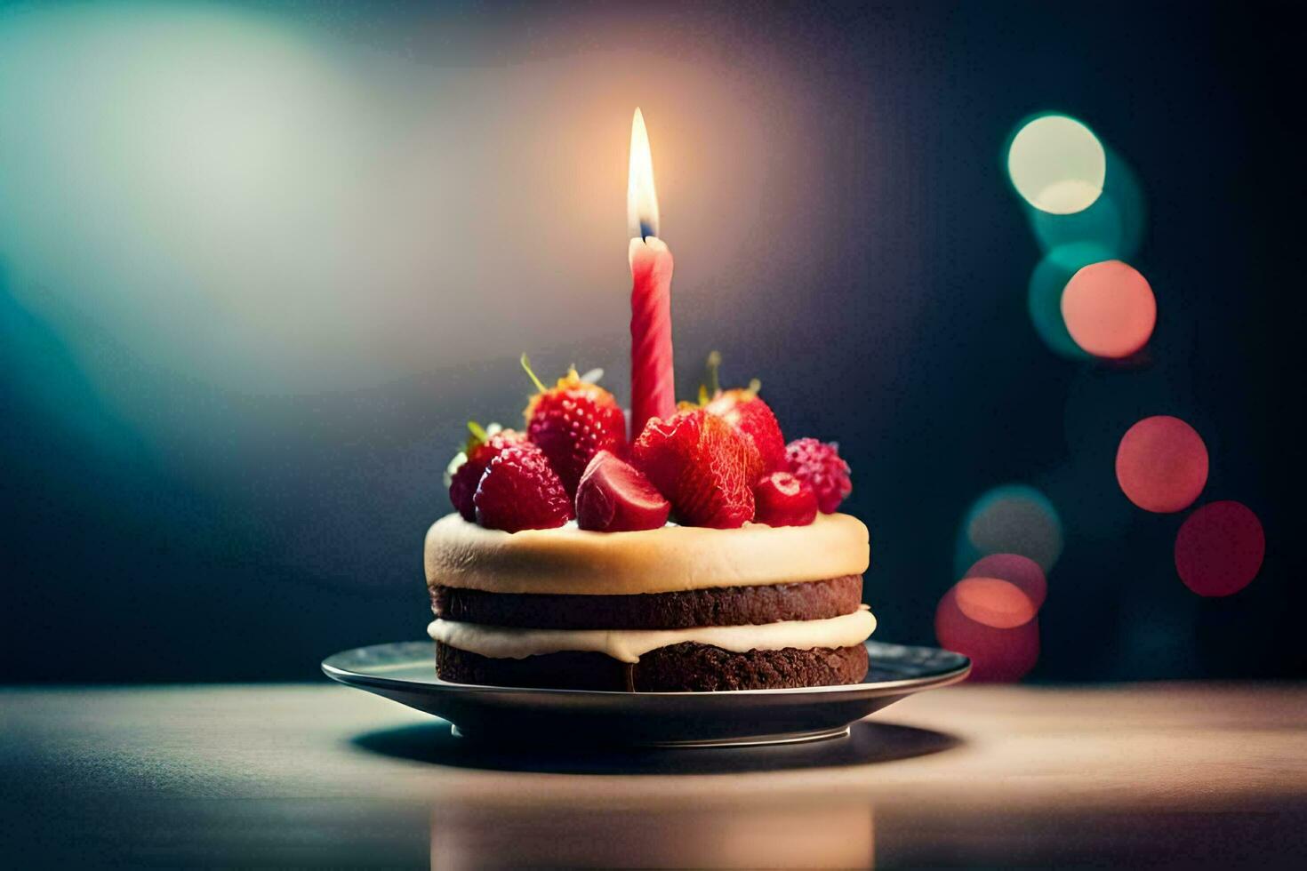 un' compleanno torta con un' singolo candela. ai-generato foto