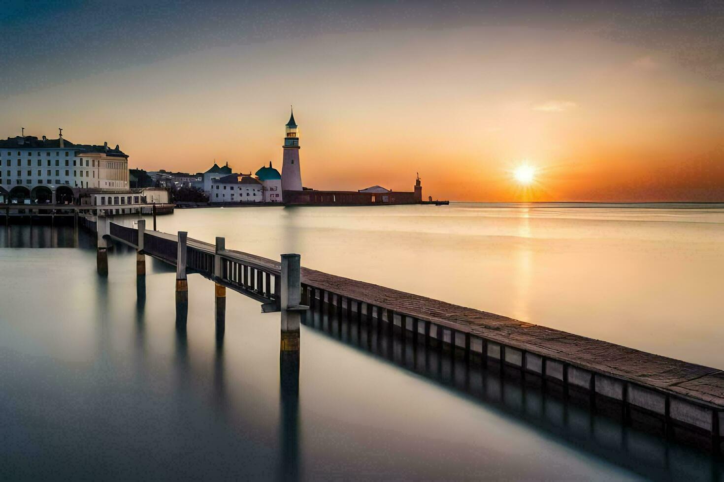 il sole imposta al di sopra di un' molo nel il acqua. ai-generato foto