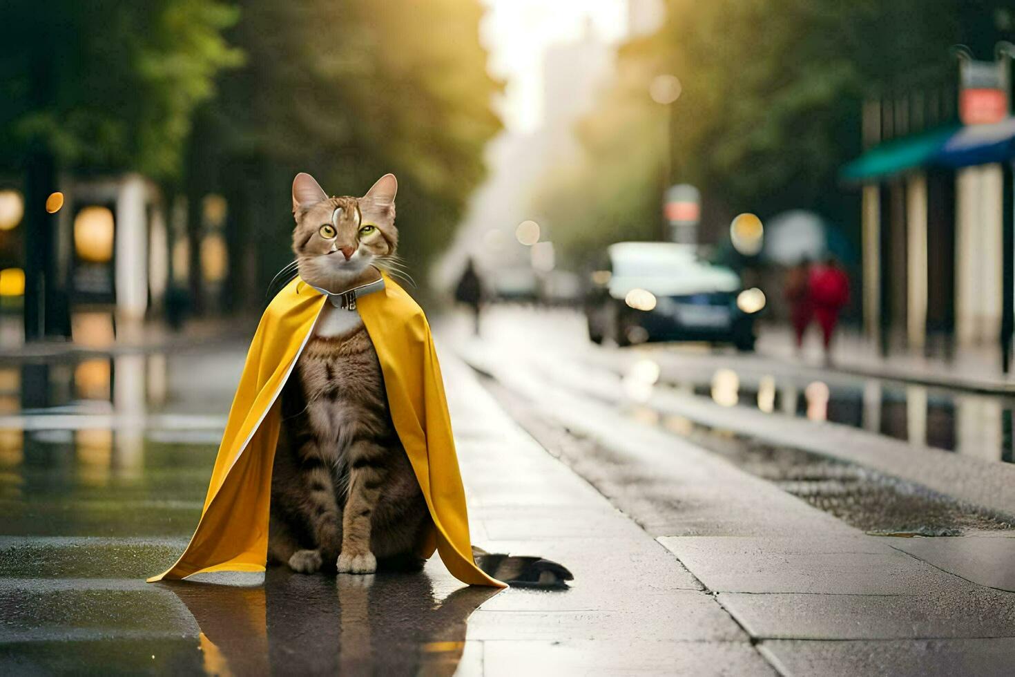 un' gatto indossare un' giallo capo su un' piovoso giorno. ai-generato foto