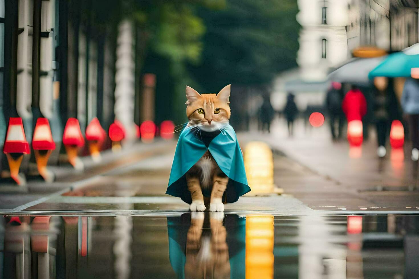 un' gatto indossare un' blu mantello su un' piovoso strada. ai-generato foto