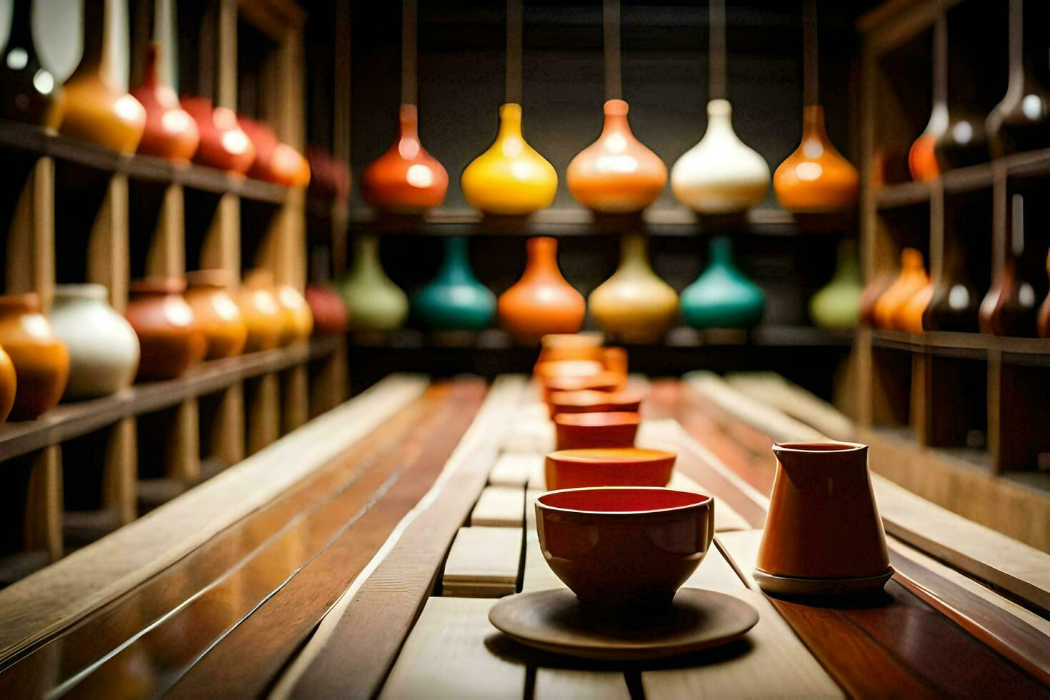 un' lungo tavolo con molti colorato vasi e tazze. ai-generato foto