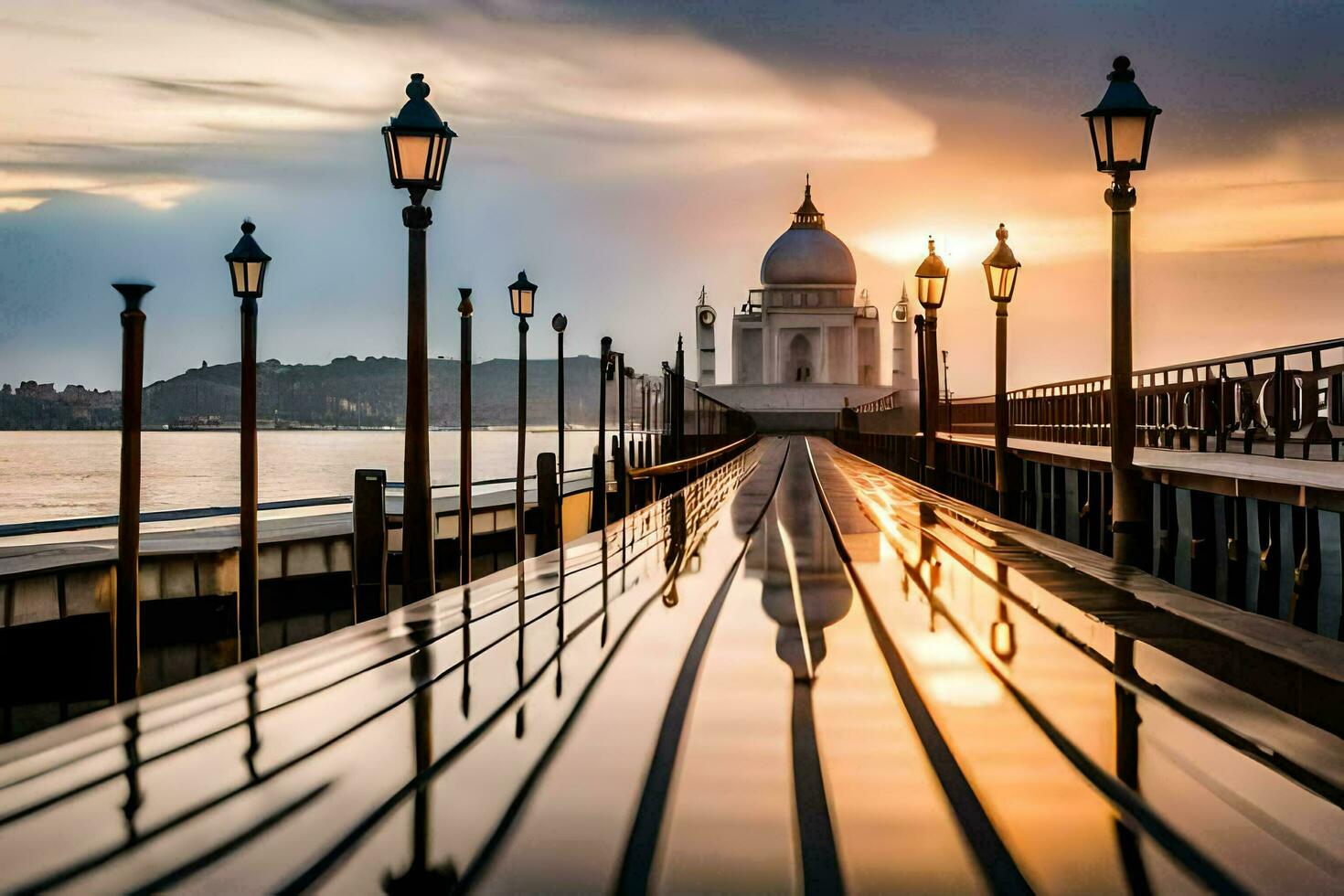 il tramonto al di sopra di il acqua e un' ponte. ai-generato foto