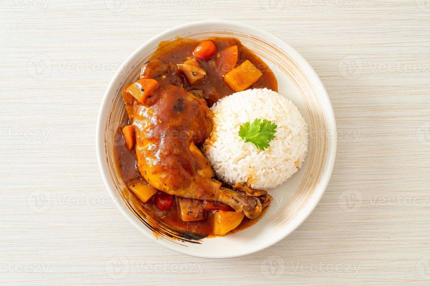 spezzatino di pollo fatto in casa con pomodori, cipolle, carote e patate su piatto con riso foto