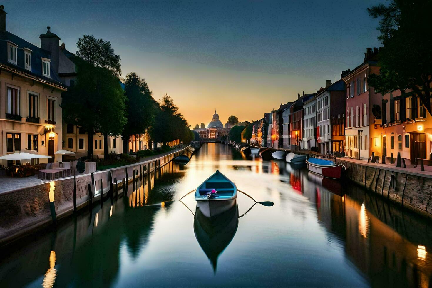 un' barca è attraccato nel un' canale a tramonto. ai-generato foto