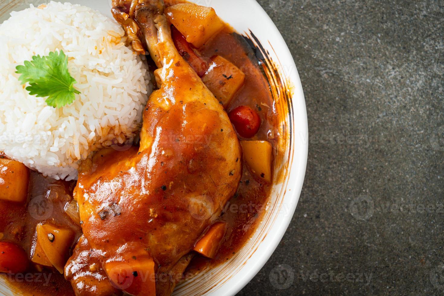 spezzatino di pollo fatto in casa con pomodori, cipolle, carote e patate su piatto con riso foto