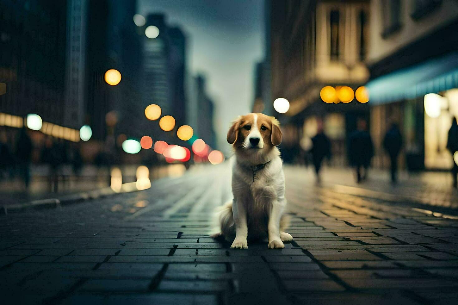 un' cane seduta su il strada nel il città. ai-generato foto