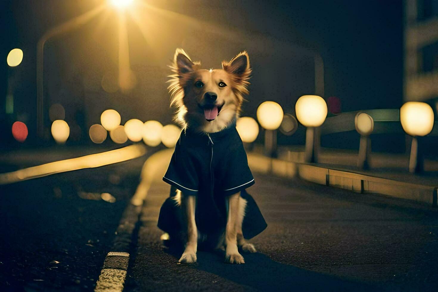 un' cane seduta su il strada a notte. ai-generato foto