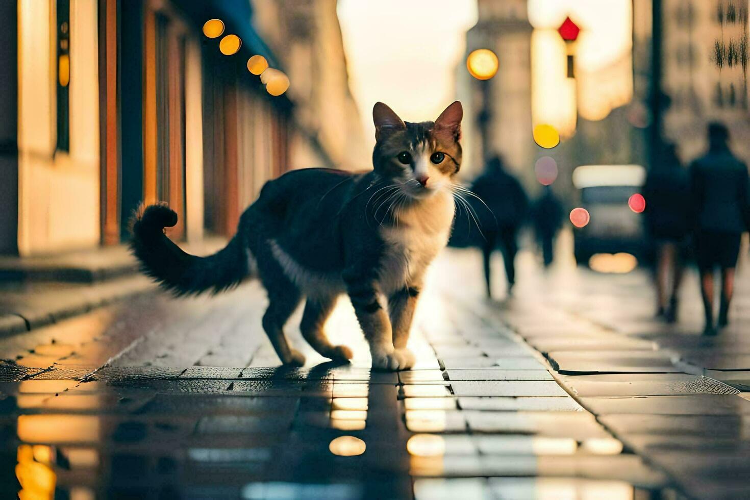 un' gatto a piedi su un' città strada a crepuscolo. ai-generato foto