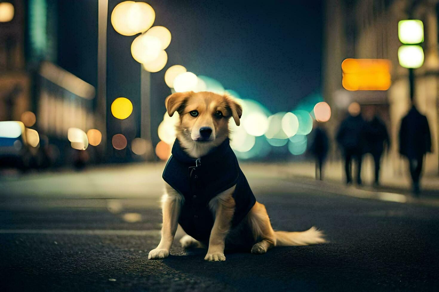 un' cane seduta su il strada a notte. ai-generato foto