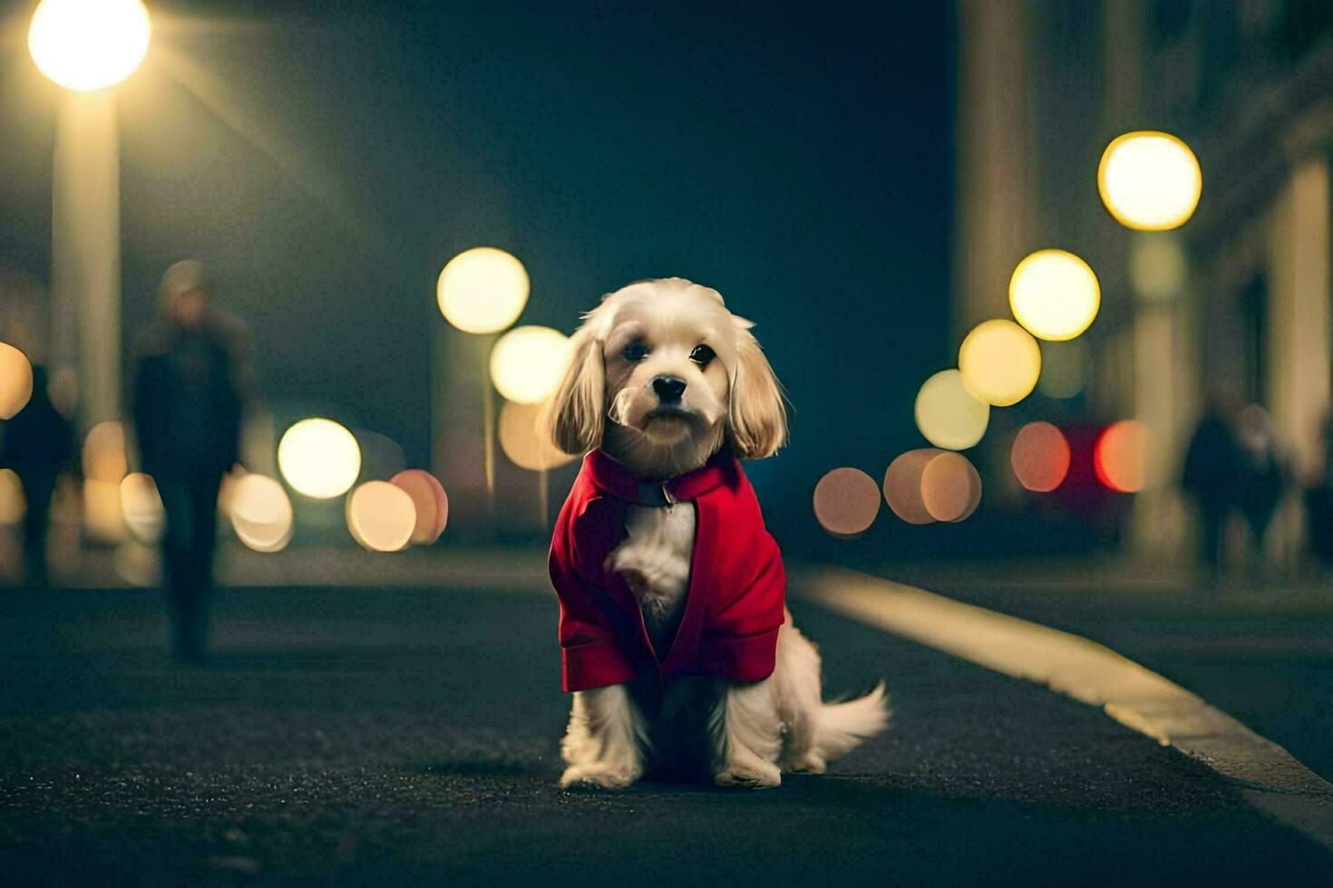 un' cane indossare un' rosso giacca seduta su il strada a notte. ai-generato foto